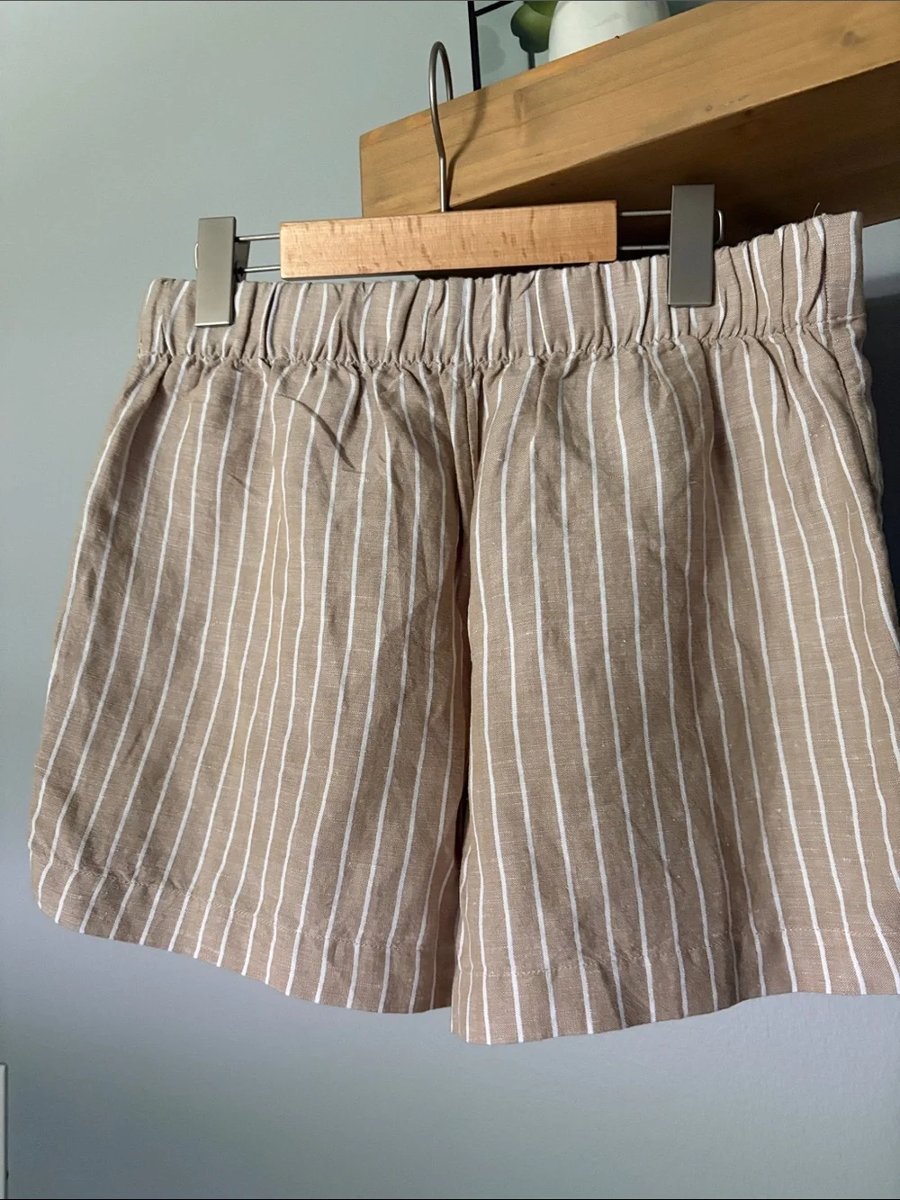 LOFT Tan and White Striped Linen Blend Shorts